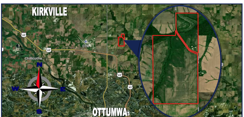 Location map showing the 272 acre McDonald farm north of Ottumwa in Wapello County, Iowa