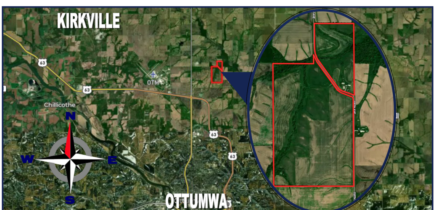 Wapello County location map showing the 272 acre McDonald farm north of Ottumwa, Iowa