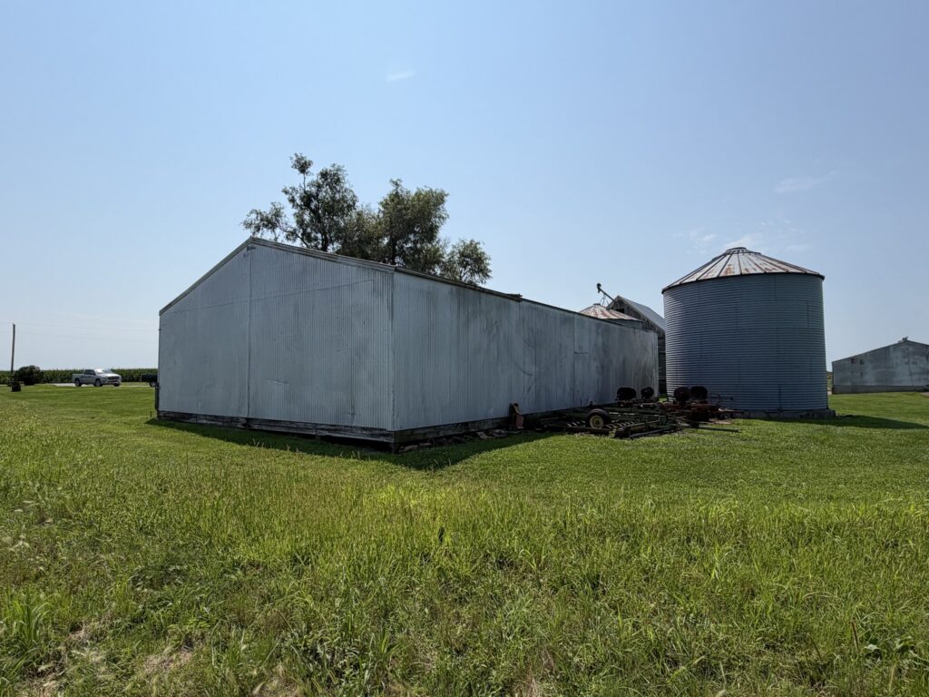 Grain bins and corn crib from the yard, McDonald Farm, 272 acres, Wapello County, Iowa
