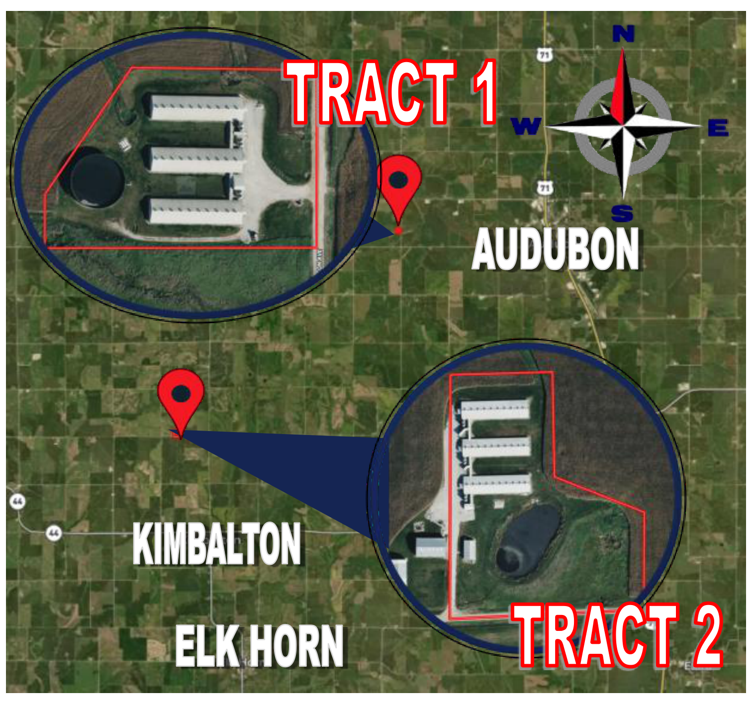 Audubon County location map showing Tract 1 and Tract 2
