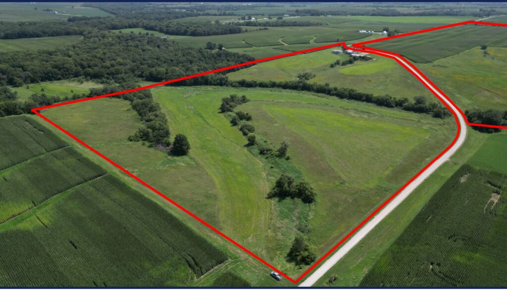 Closer aerial from the northwest of the McDonald farm looking southeast with boundary outlined