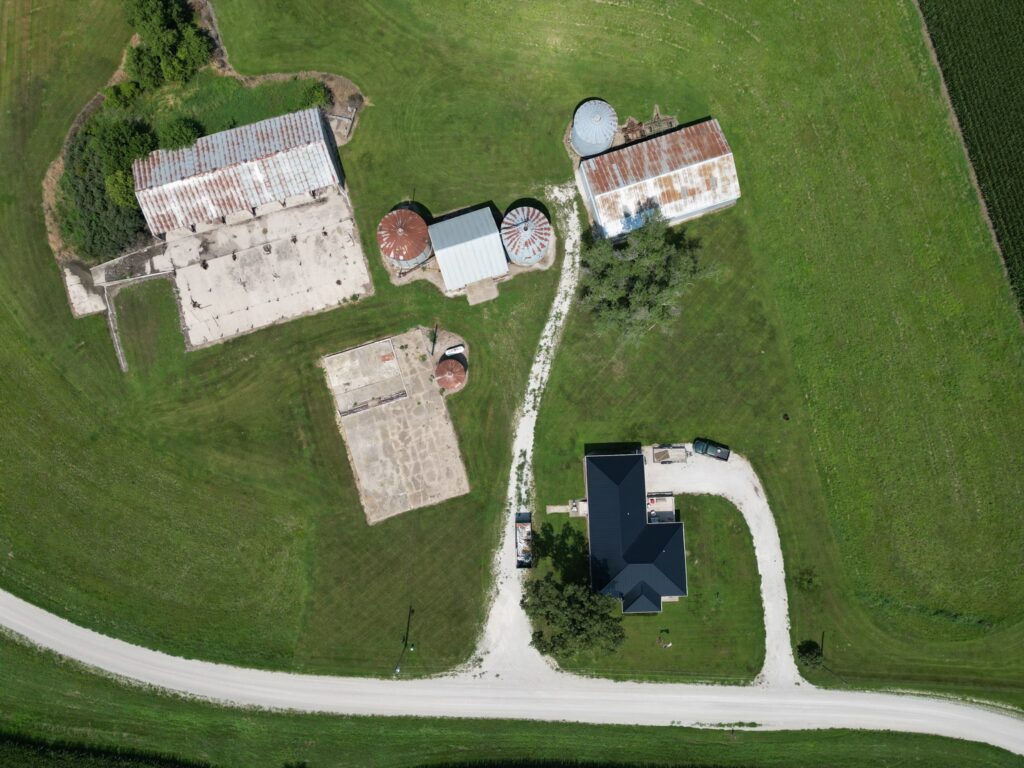 Farmstead buildings from above, McDonald Farm, 272 acres, Wapello County, Iowa