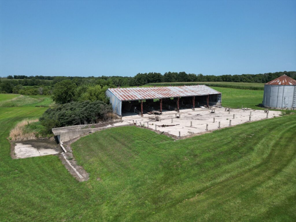 Dwelling and outbuildings from the air, McDonald Farm, 272 acres, Wapello County, Iowa