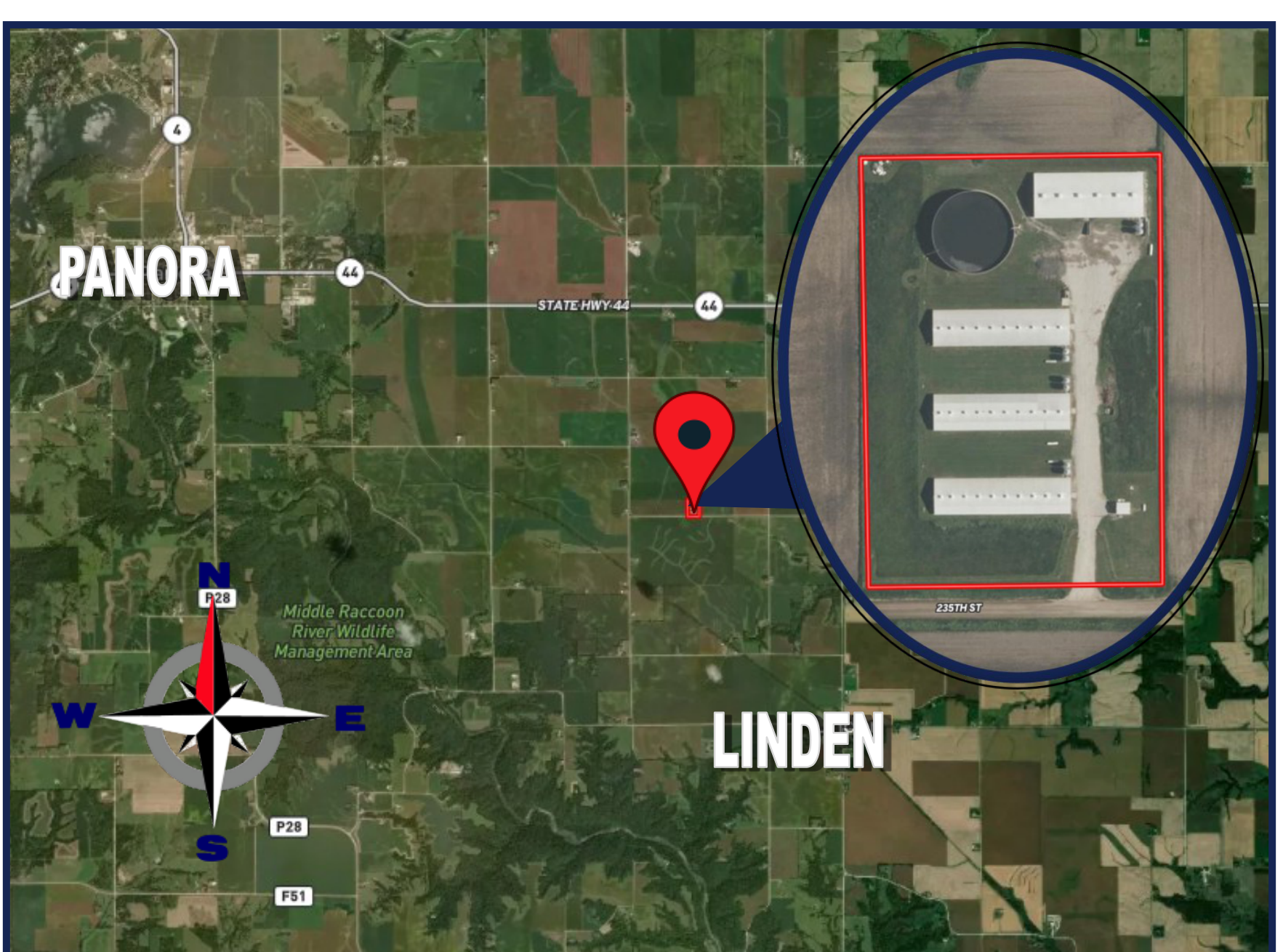 Guthrie County location map showing the wean to finish site between Panora and Linden, Iowa
