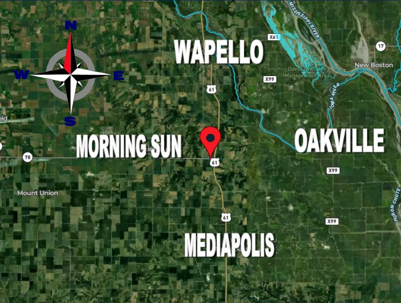 Location map showing the rental farmhouse on Highway 78 near Morning Sun in Louisa County, Iowa