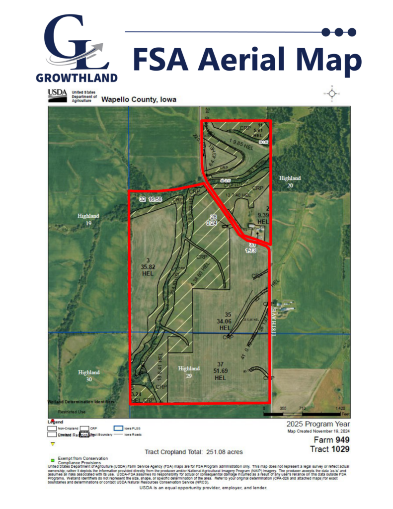 FSA aerial map, Farm 949 Tract 1029, McDonald Farm, 272 acres, Wapello County, Iowa