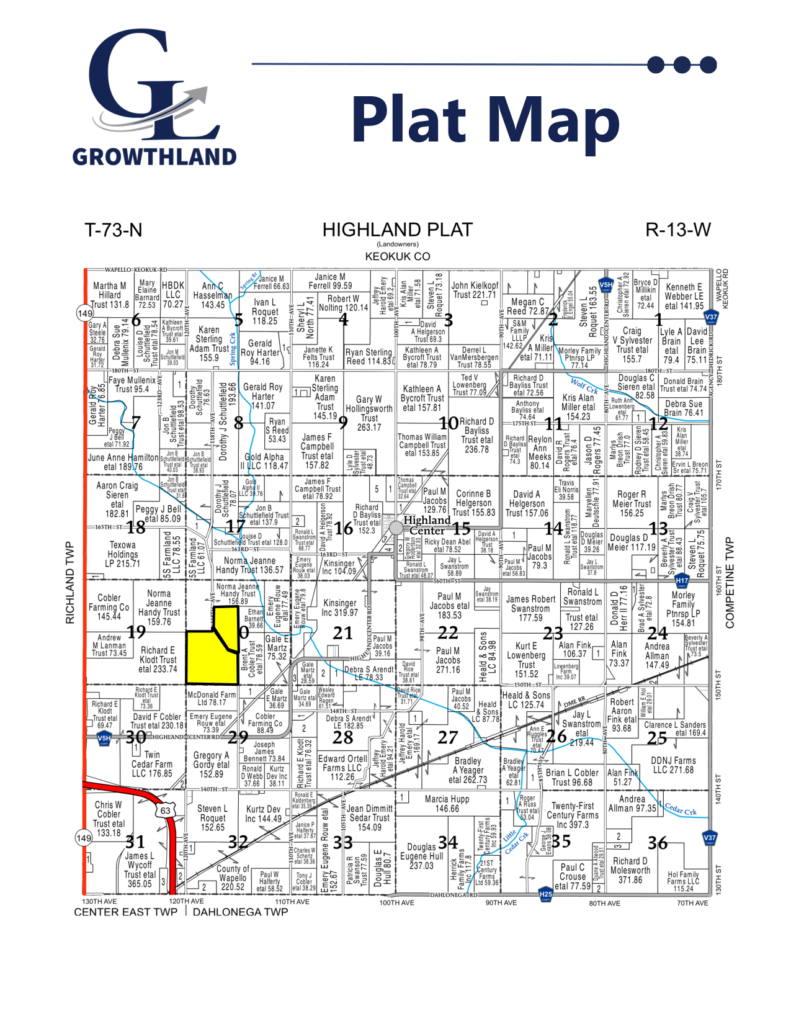 Plat map, Highland Township T73N R13W, McDonald Farm, 272 acres, Wapello County, Iowa