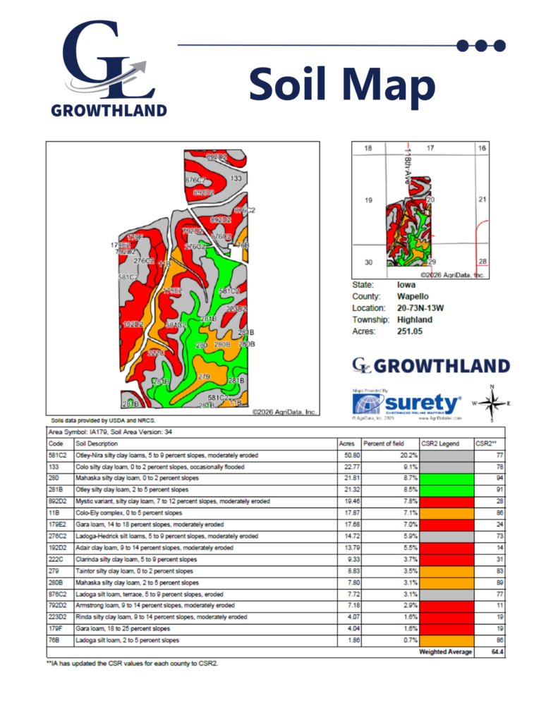 Soil map, 64.4 weighted CSR2, McDonald Farm, 272 acres, Wapello County, Iowa