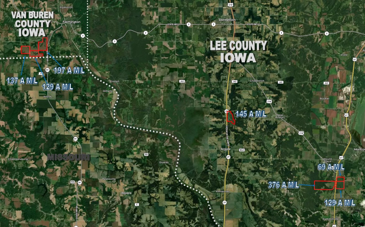 All tract map showing the seven farms for sale in Lee and Van Buren County, Iowa