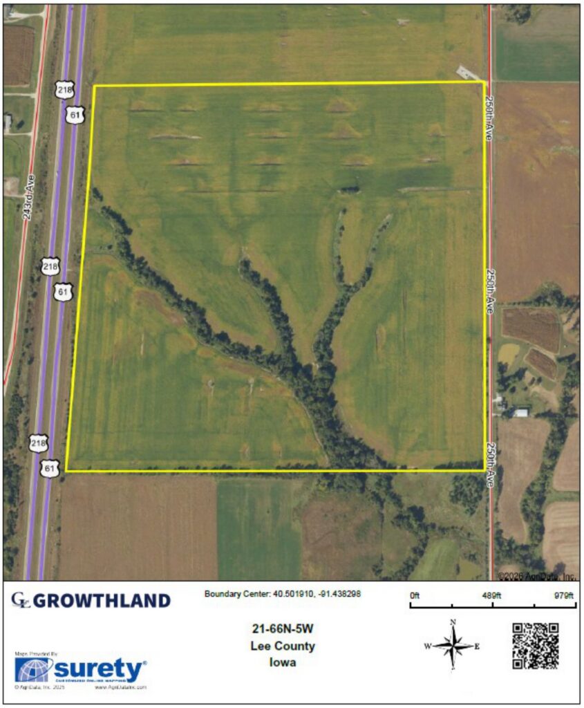 Aerial map of the Lee County, IA. 129 Acres M/L farm with section, township, range and scale