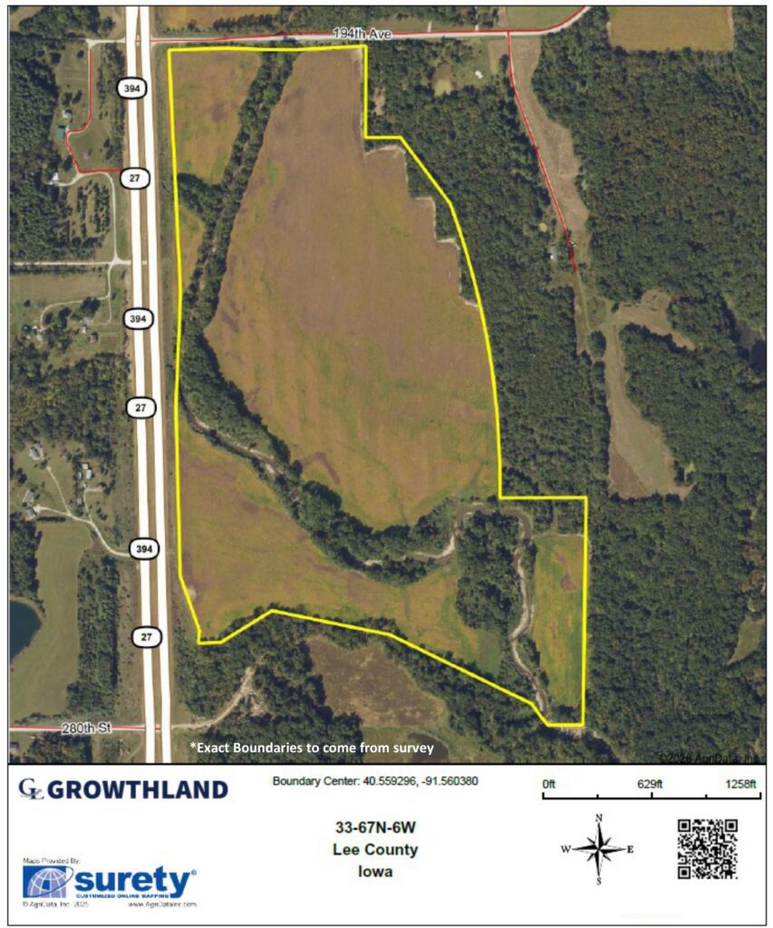 Aerial map of the Lee County, IA. 145 Acres M/L farm with section, township, range and scale