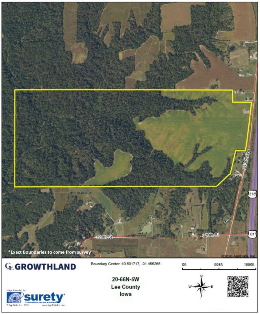 Aerial map of the Lee County, IA. 376 Acres M/L farm with section, township, range and scale