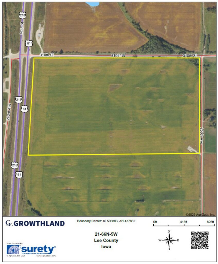 Aerial map of the Lee County, IA. 69 Acres M/L farm with section, township, range and scale