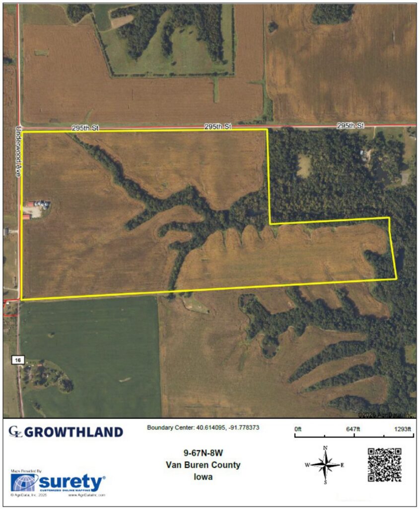 Aerial map of the Van Buren County, IA. 129 Acres M/L farm with section, township, range and scale