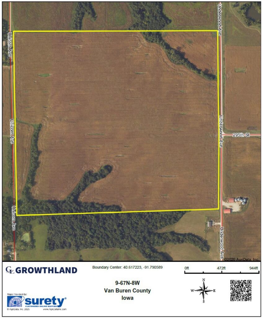 Aerial map of the Van Buren County, IA. 137 Acres M/L farm with section, township, range and scale