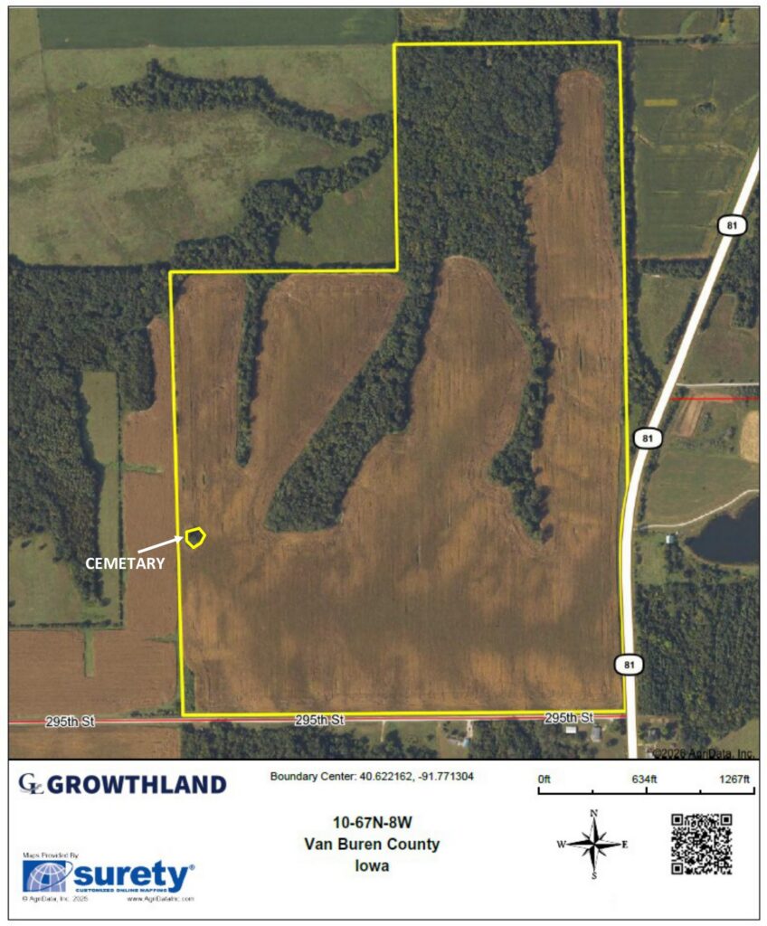 Aerial map of the Van Buren County, IA. 197 Acres M/L farm with section, township, range and scale, showing the location of the family cemetery