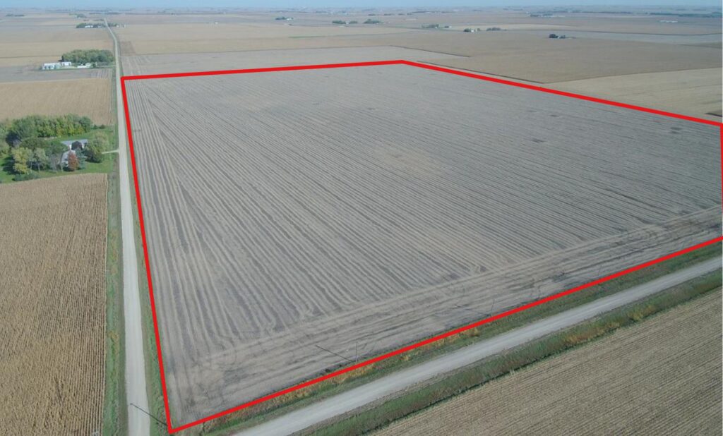 Aerial view of 60 acres m/l of farmland in Wright County, IA, southwest corner looking northeast