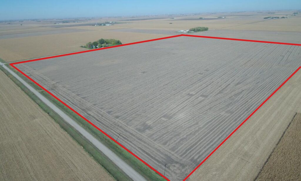 Aerial view of 60 acres m/l of farmland in Wright County, IA, southeast corner looking northwest