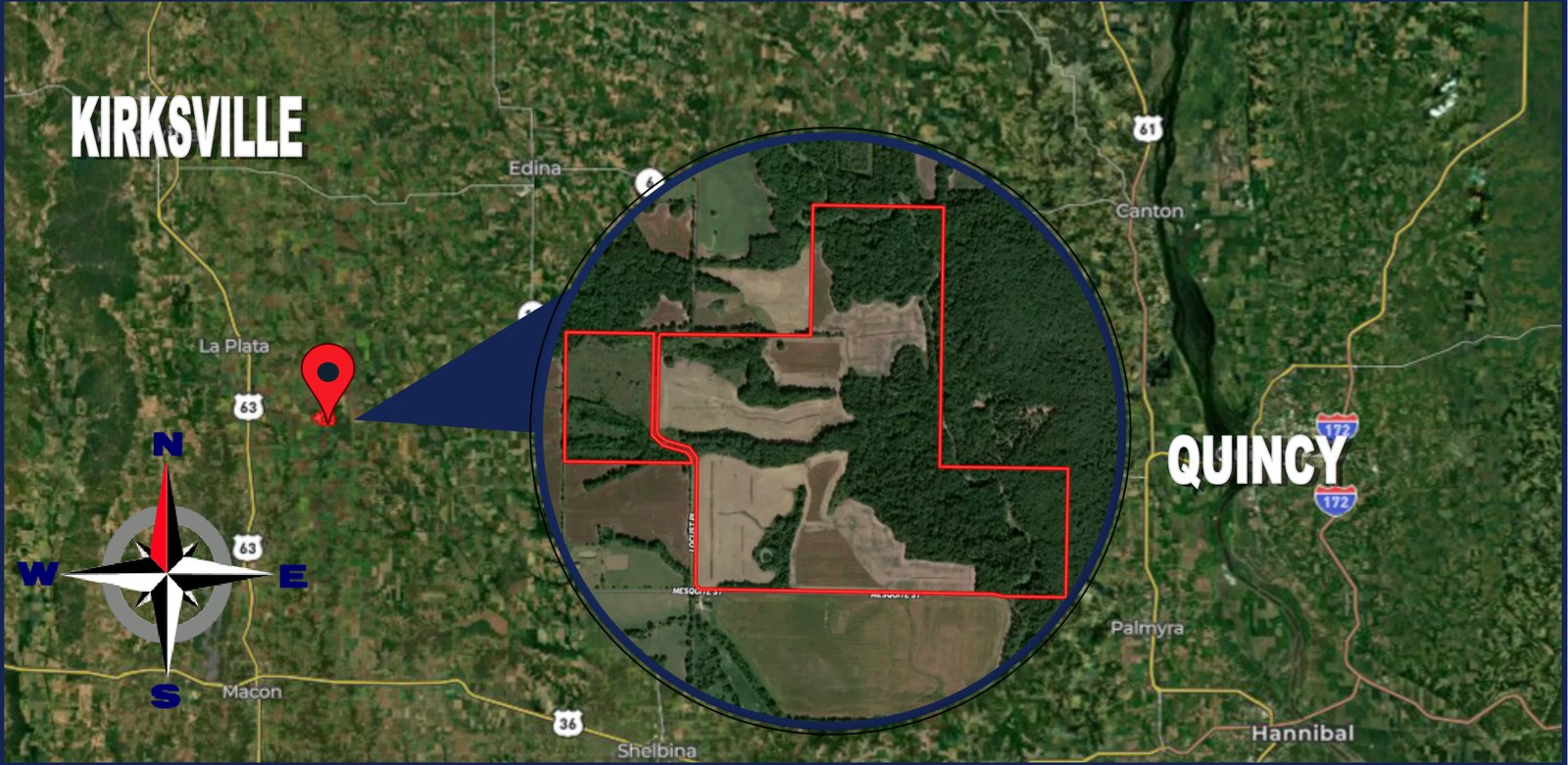 Location map of the 272 acre farm in Macon County, Missouri, near La Plata