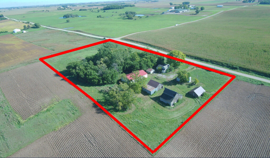 View from the southwest corner looking northeast, property border outlined