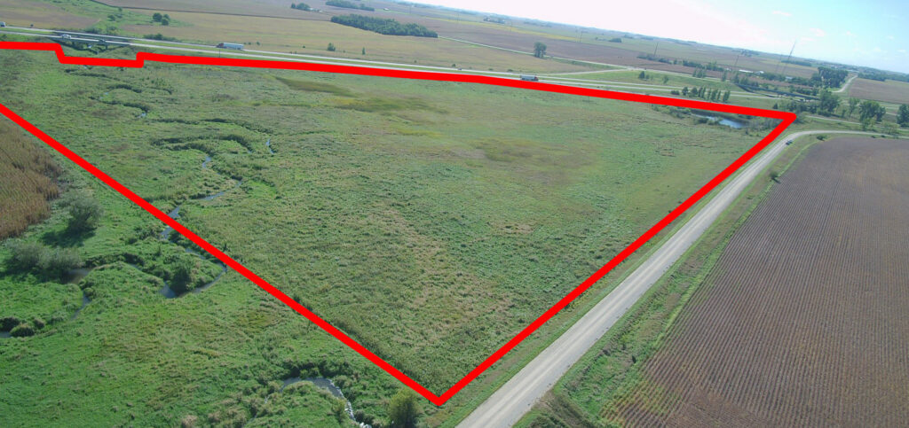 View from the northwest looking southeast, property border outlined